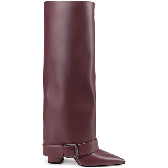 Women's Burgundy Wide Calf Pointed Toe Belt Buckle Knee High Fall Long Boot - Picture 4 of 6